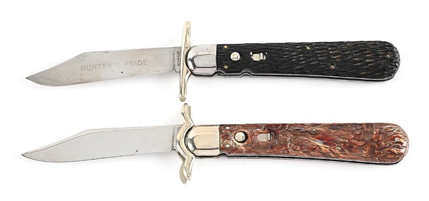 LOT OF 2: SCHRADE WALDEN, NY FOLDING GUARD SWITCHBLADE HUNTER’S PRIDE ETCH AND PRESTO LAZY