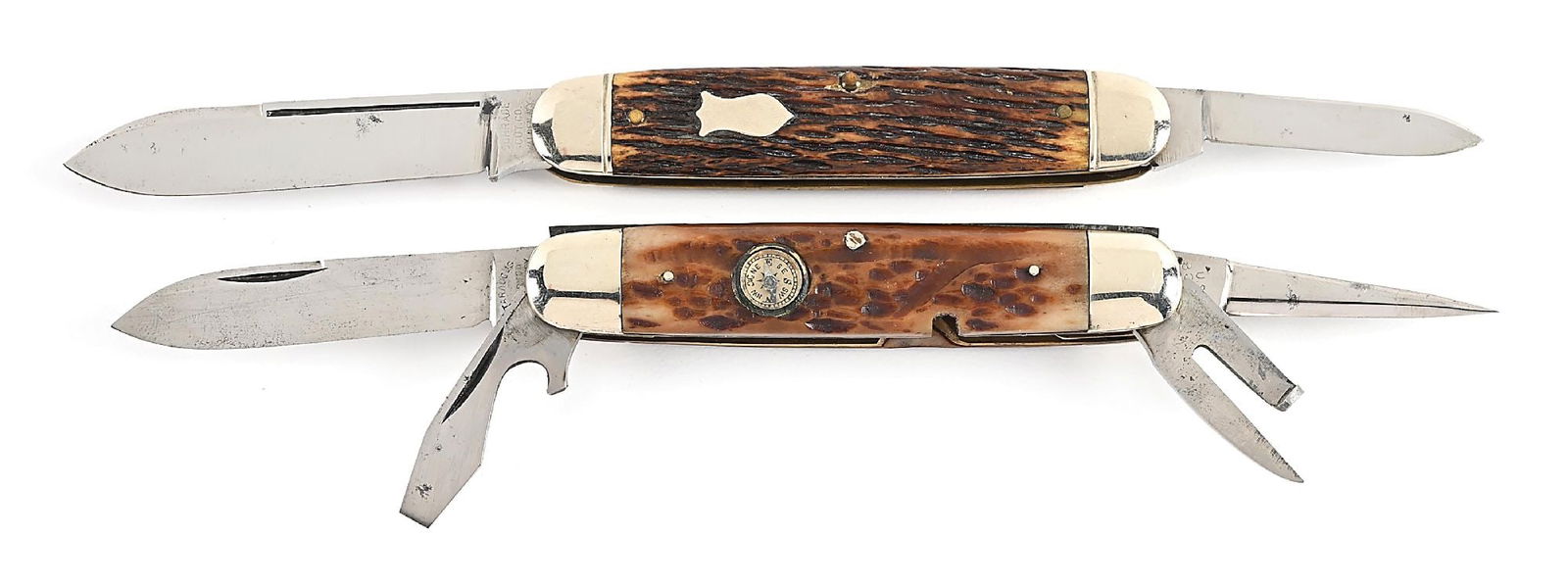 LOT OF 2: SCHRADE CUT CO. CIGAR AND CATTARAUGUS FOUR BLADE SCOUT KNIFE.: Lot consists of: (A) C. pre-1948 Schrade Cut Co. cigar. Main and pen blades are tang stamped on obverse “SCHRADE CUT CO. WALDEN, NY”. Appears unused and unsharpened with light patina, spot