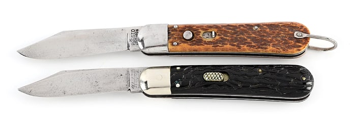 LOT OF 2: PRESTO PAT. PEND-G. G. SCHRADE B’PORT, CT. M2 PARATROOPER BONE HANDLE SWITCHBLADE.