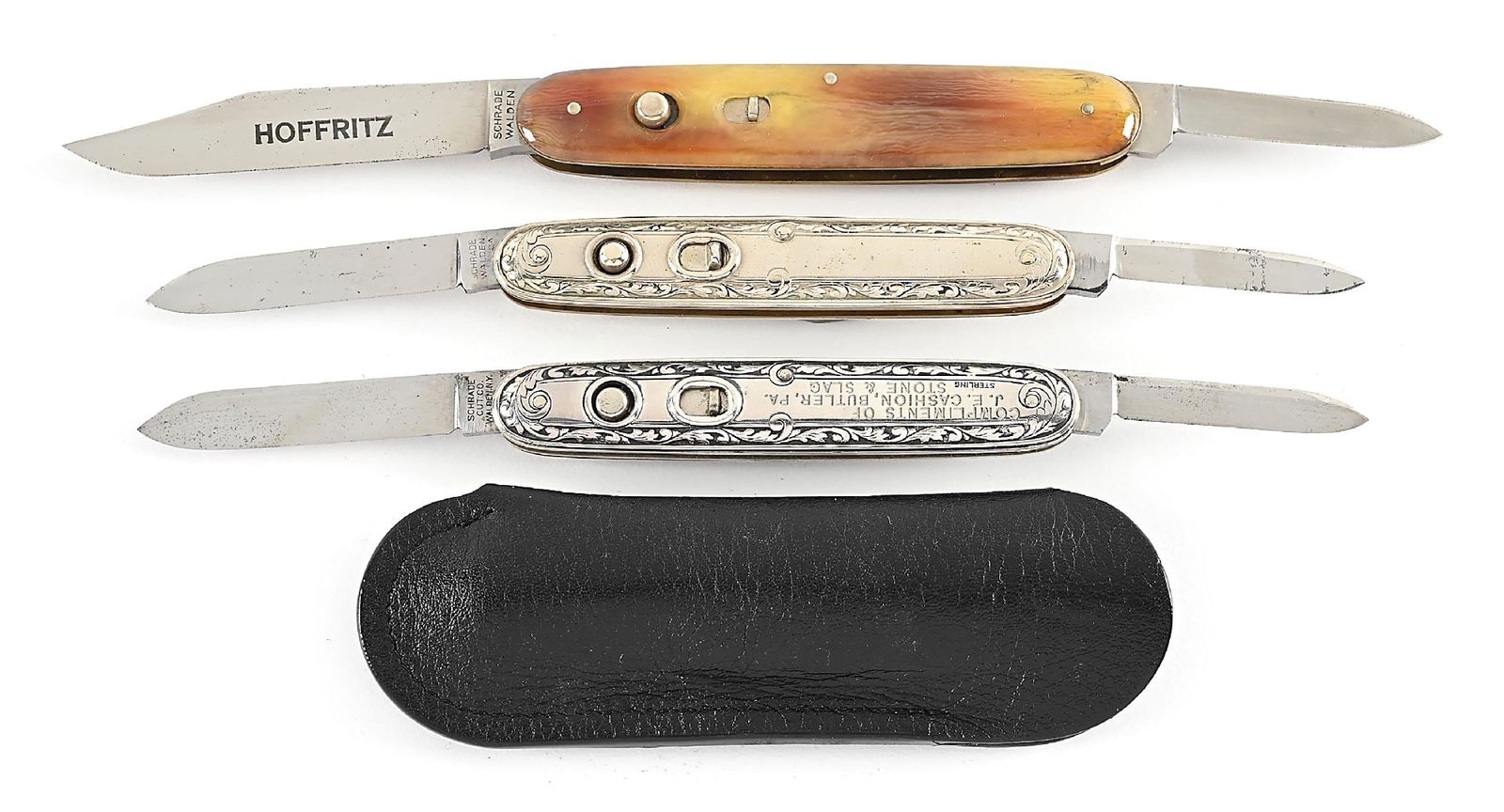 LOT OF 3: PRE AND POST 1948 SCHRADE CUT CO. AND SCHRADE WALDEN, NY STERLING AND CELLULOID DOUBLE (1 of 13)