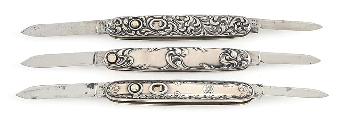 LOT OF 3: C. 1910S-20S SCHRADE CUT CO. AND PRESS BUTTON KNIFE CO. STERLING SILVER DOUBLE