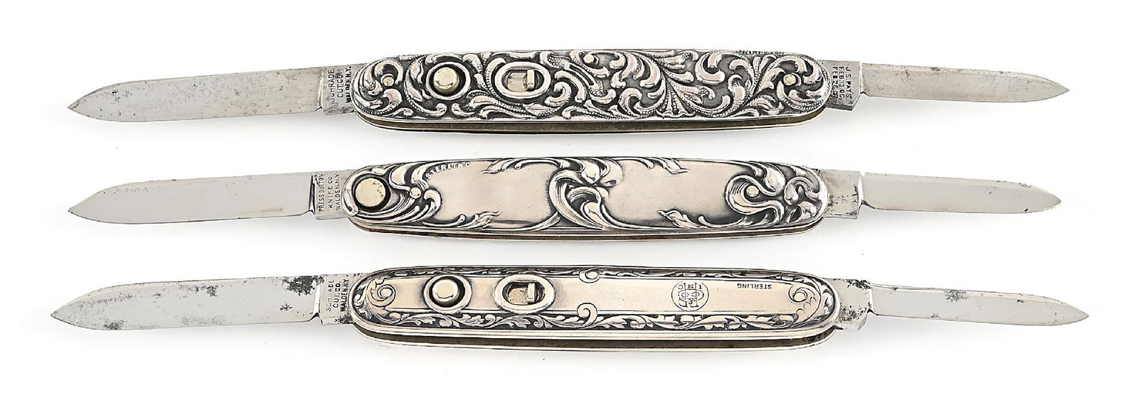 LOT OF 3: C. 1910S-20S SCHRADE CUT CO. AND PRESS BUTTON KNIFE CO. STERLING SILVER DOUBLE (1 of 16)