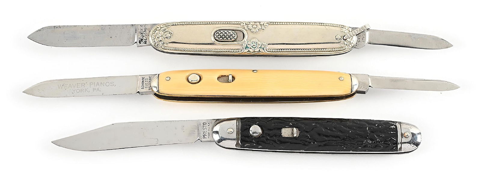 LOT OF 3: PRESTO SINGLE BLADE SWITCHBLADE, FLYLOCK, AND SCHRADE CUT CO. ETCHED DOUBLE BLADE (1 of 12)
