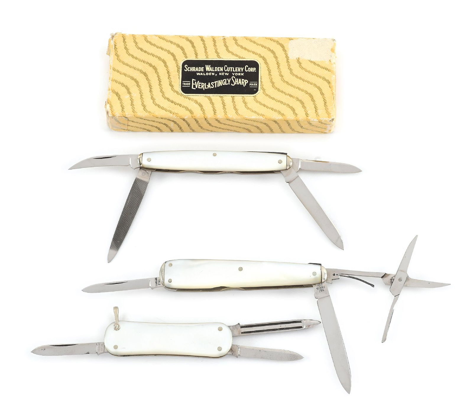 LOT OF 3: SCHRADE MOTHER OF PEARL HANDLE SENATOR AND LOBSTER POCKET KNIVES. (1 of 14)