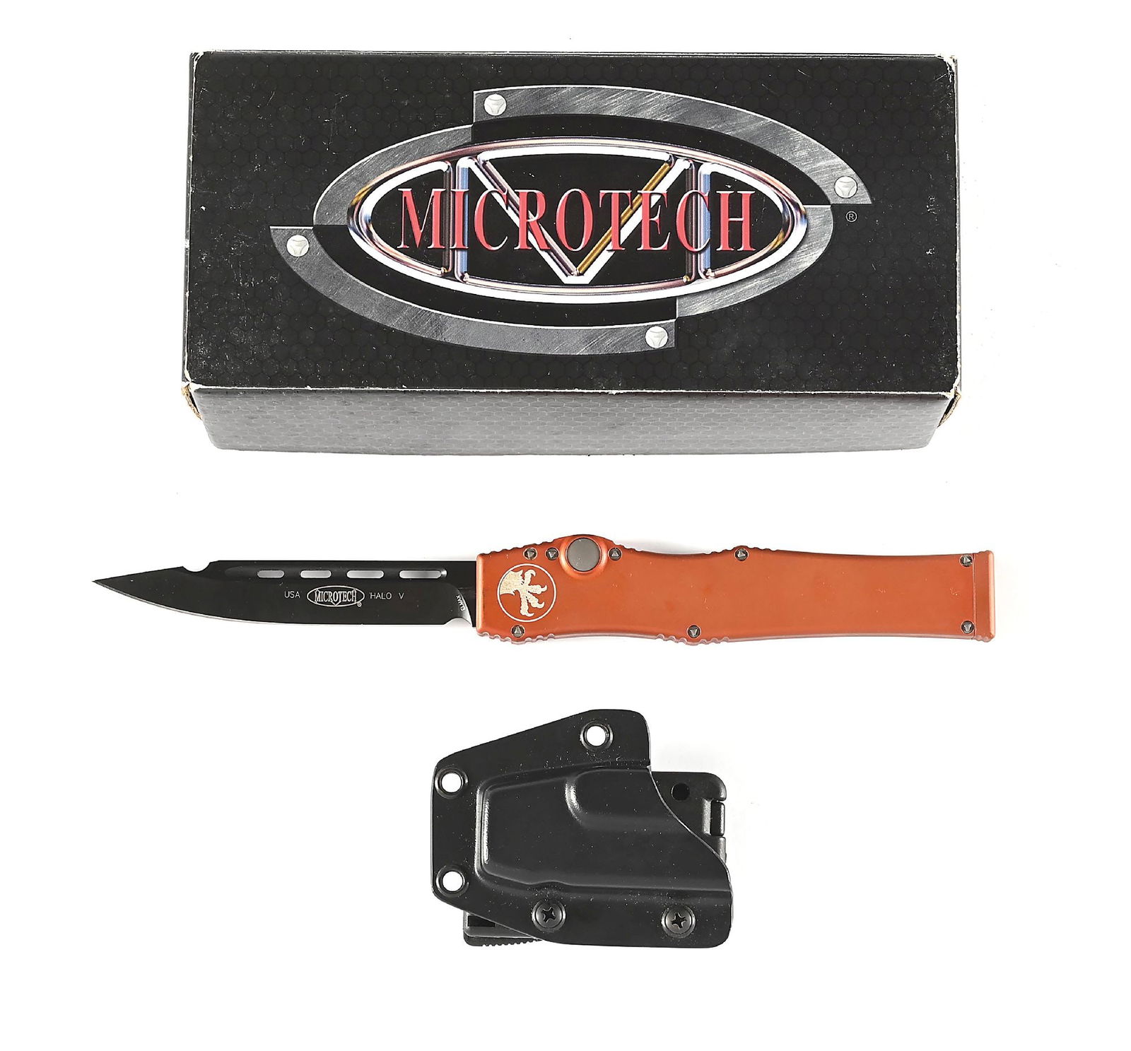 BOXED MICROTECH HALO V S/E.: Microtech Halo V S/E that features a black Elmax clip point blade marked "USA" and "HALO V" with Microtech logo. Anodized orange aluminum handle with contoured frame and milled ribbing on the spine