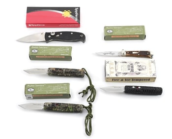 LOT OF 5 SCHRADE FIRE & ICE, SPYDERCO C165GP2, AND COLONIAL RANGERS SWITCHBLADE KNIVES IN ORIGINAL