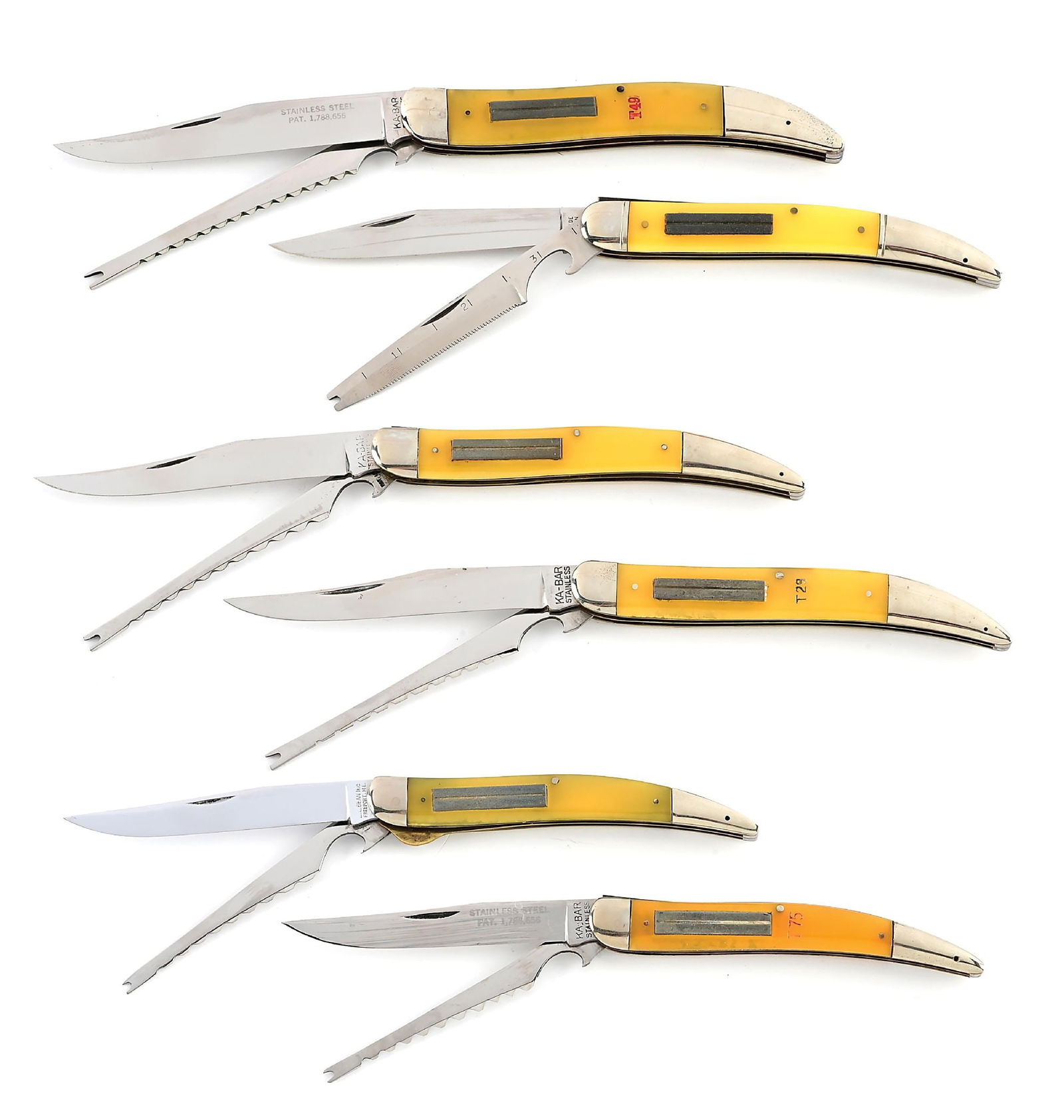 LOT OF 5: FISHING KNIVES BY KA-BAR, SCHRADE, AND L.L. BEAN. KA-BAR STAINLESS T49, SCHRADE WALSWN,: Lot consists of: (A) C. 1920s-30s KA-BAR stainless T49. Appears unused and unsharpened. Main blade is tang stamped “KA-BAR STAINLESS” on obverse and etched on the blade “STAINLESS