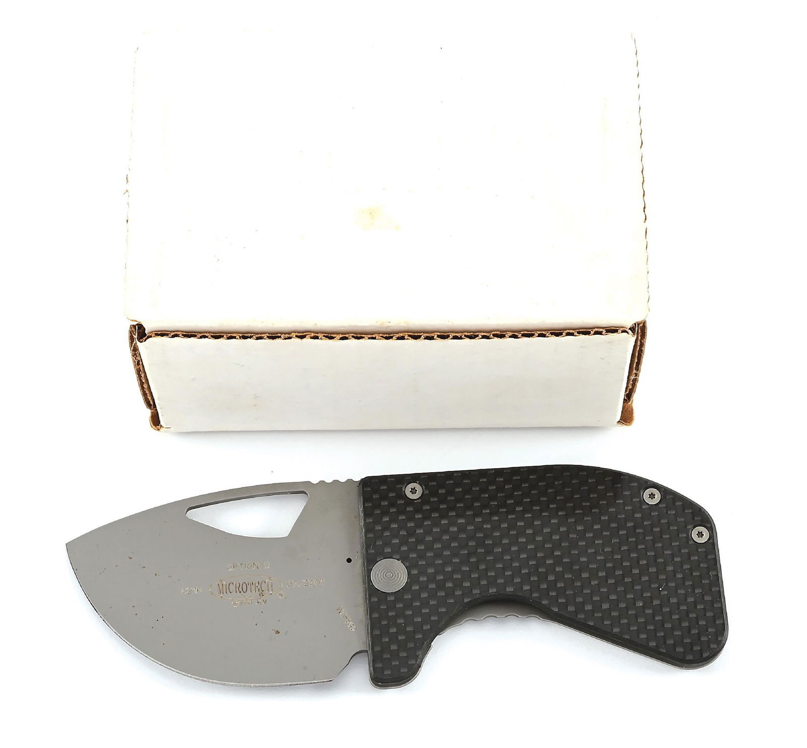 MICROTECH "OPTION II" CARBON FIBER HANDELED TACYICAL FOLDING KNIFE.: Microtech Option II features a bead blasted 154-CM plain blade marked "OPTION II" with Microtech logo. Numbered "0216" and dated "07/2001". Bead blasted titanium lock side with carbon fiber face