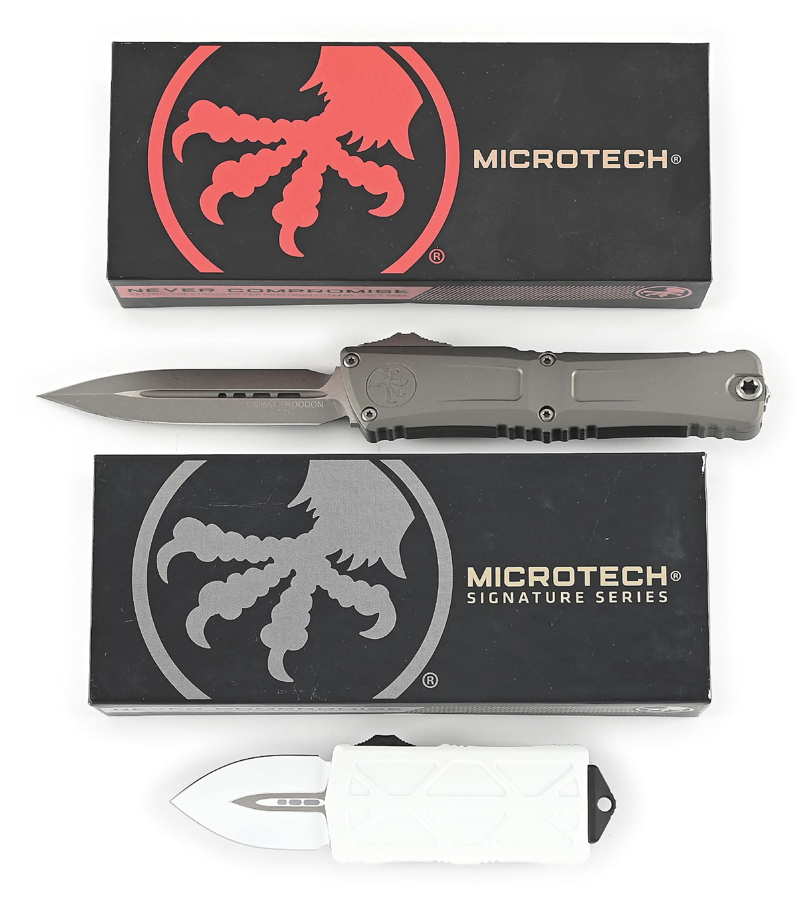 LOT OF 2: BOXED MICROTECH COMBAT TROODON AND EXOCET STORMTROOPER.: Lot consists of: (A) Microtech Combat Troodon D/E Gen III that features an apocalyptic M390MK blade marked "COMBAT TROODON". Natural clear frame with ribbing. Clip is marked "06/2024 / U.S.A." with Mi