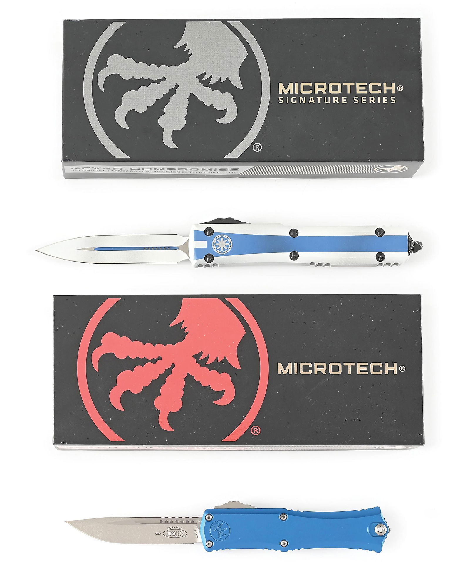 LOT OF 2: BOXED MICROTECH ULTRATECH CLONE TROOPER AND HERA II MINI.: Lot consists of: (A) Microtech Ultratech D/E that features a white dagger blade. White aluminum handle with notched and ramped deploy switch. The clip is numbered "S/N 638" and dated "02/2024" with