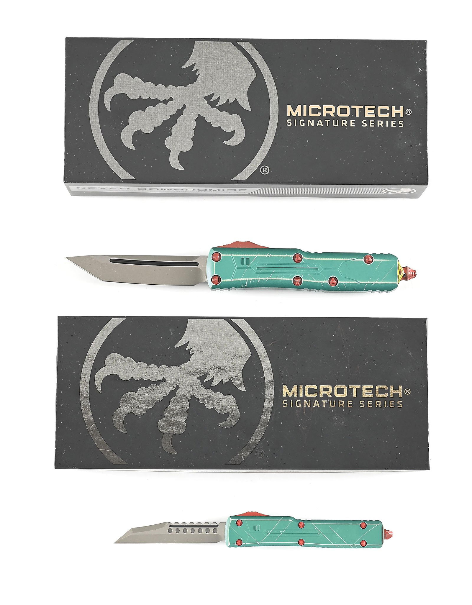 LOT OF 2: BOXED MICROTECH UTX-85 AND UTX-70.: Lot consists of: (A) Microtech UTX-85 T/E that features an apocolyptic tanto blade with fullers and satin flats. Green battle worn aluminum handle with red hardware including the notched and ramped de