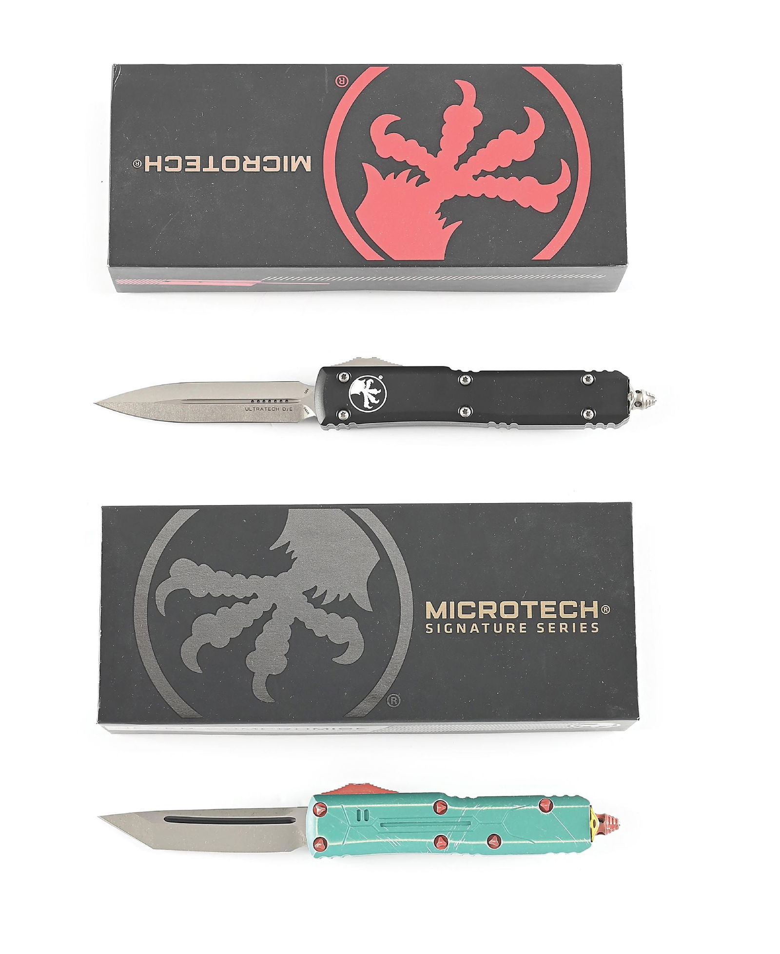 LOT OF 2: BOXED MICROTECH UTX-85 AND ULTRATECH.: Lot consists of: (A) Microtech Ultratech D/E that features a stonewash finish dagger blade marked "ULTRATECH D/E". Black aluminum handle with notched and ramped deploy switch. Handle is marked with th