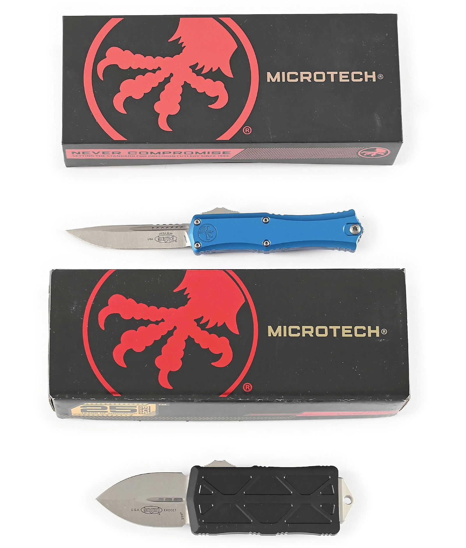 LOT OF 2: BOXED MICROTECH HERA II MINI AND EXOCET.: Lot consists of: (A) Microtech Hera II Mini S/E that features a stonewashed M390MK clip point blade marked "HERA MINI" and "USA" with Microtech logo. Blue aluminum handle is marked with the microtech