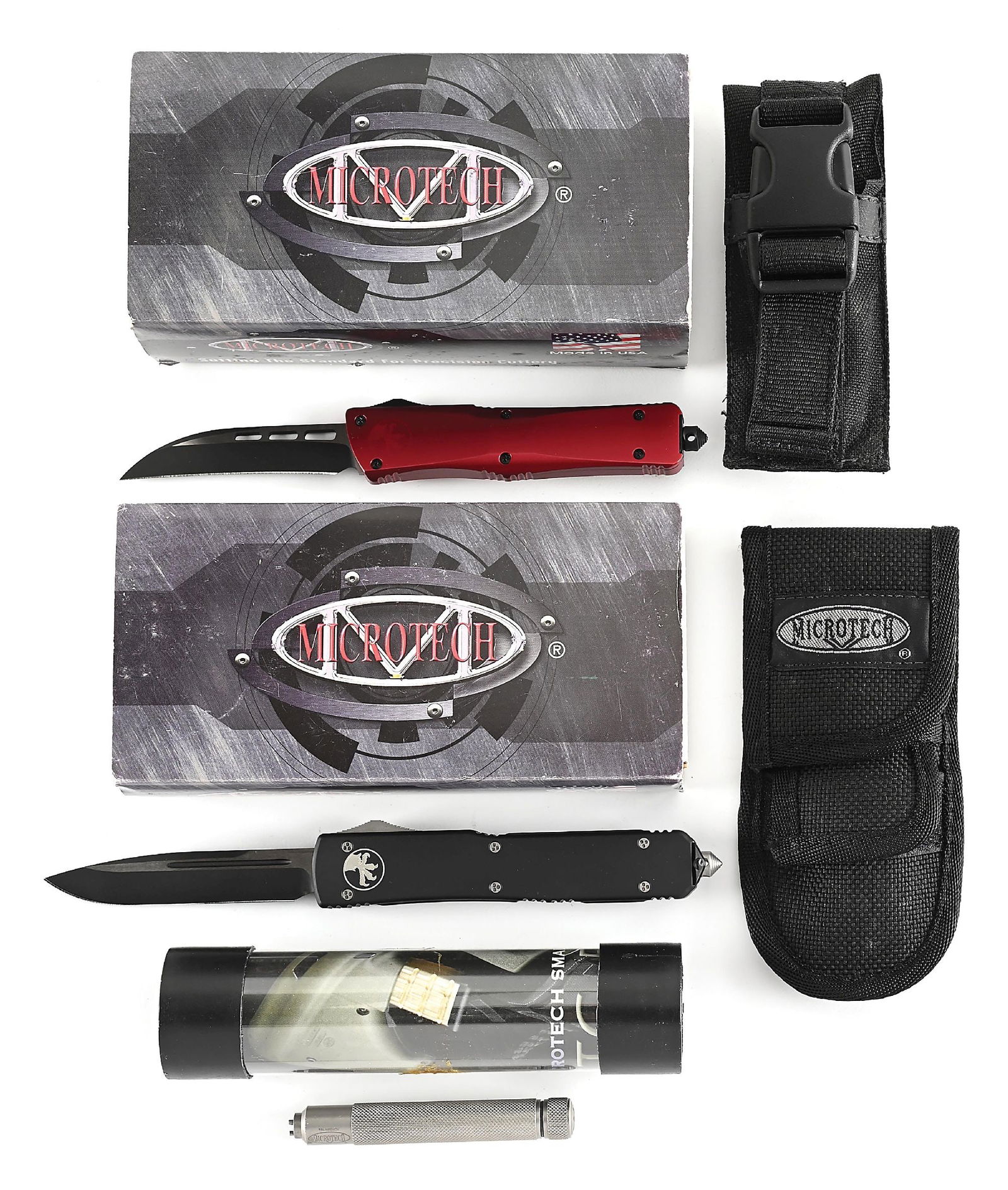 LOT OF 3: 2 MICROTECH OTF AUTOMATIC PUSH BUTTON KNIVES AND MICROTECH TOOL. (1 of 8)