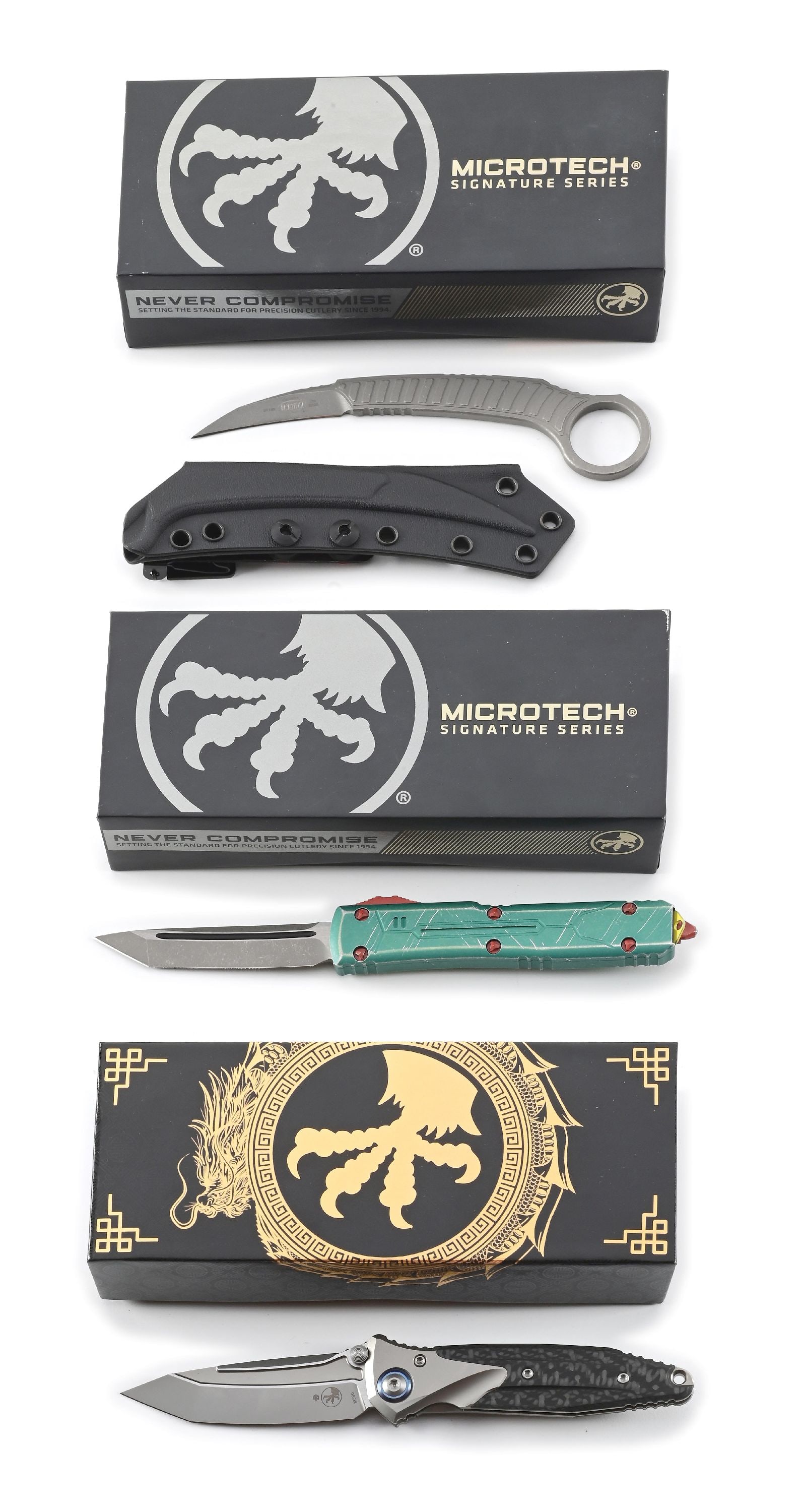 LOT OF 3: BOXED MICROTECH FEATHER, ULTRATECH, AND SOCOM BRAVO MINI.: Lot consists of: (A) Microtech feather S/E that features apocalyptic finish with hawkbill blade marked "FEATHER-K" and "USA" with Microtech logo. Numbered "S/N 1982" and dated "03/2023". The knife is