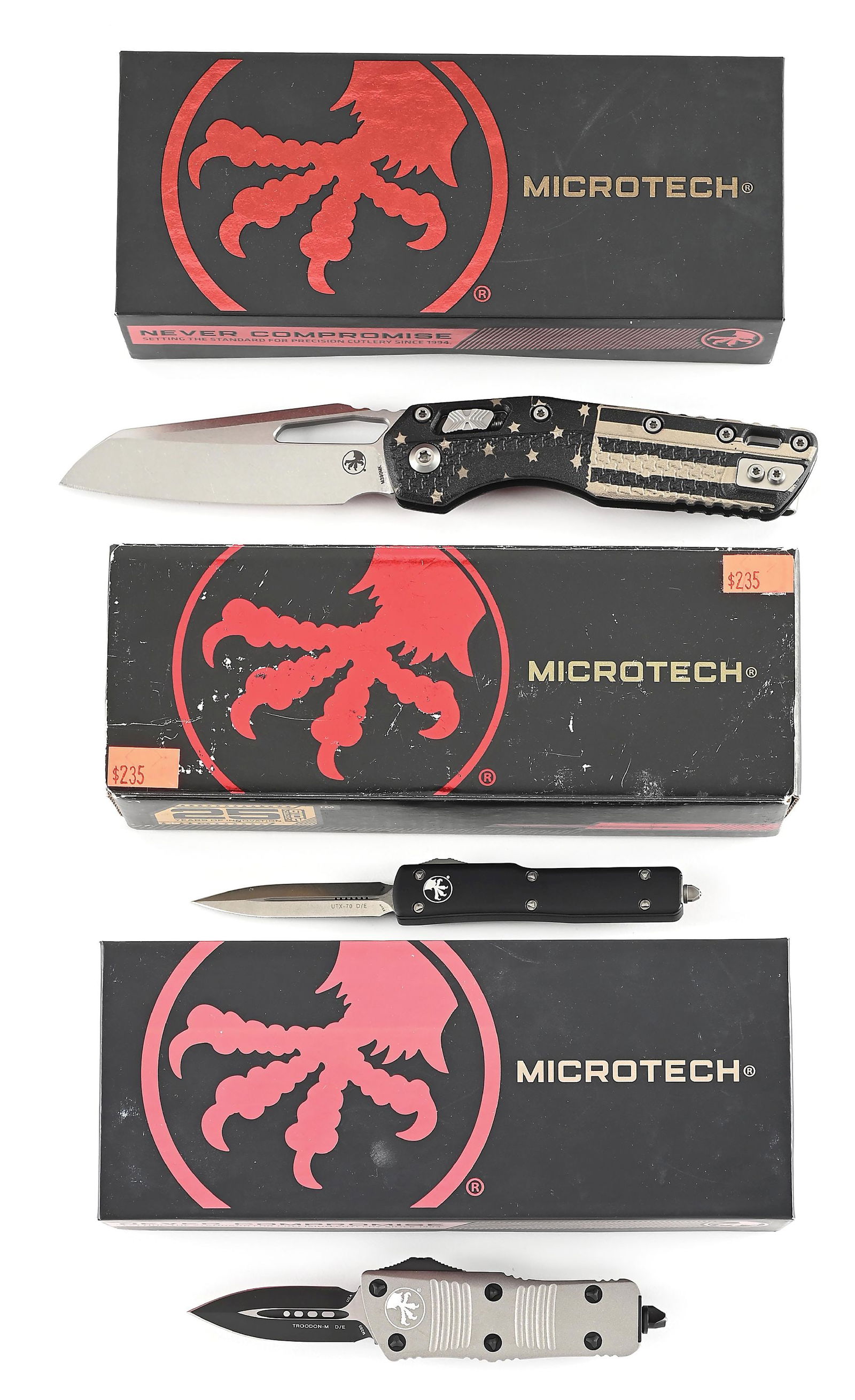LOT OF 3: BOXED MICROTECH MSI, UTX-70, AND TROODON MINI. (1 of 12)