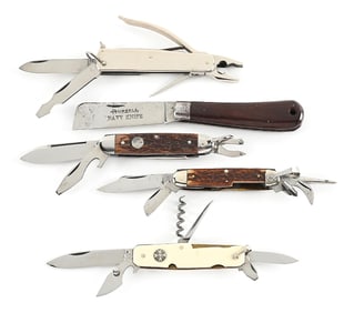 LOT OF 5: MULTI-TOOL, MILITARY POCKET KNIVES. ULSTER MOUNTAIN KNIFE, RUSSELL NAVY KNIFE