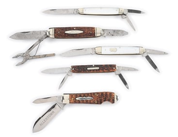 LOT OF 5: VALLEY FORGE AND C.F. WOLFERTZ, POCKET KNIVES.