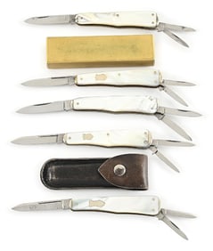 LOT OF 5: MOTHER OF PEARL GUNSTOCK ORANGE BLOSSOM WHITTLERS, CAMILLUS, BOKER, DURO-EDGE, KENN KUTTER
