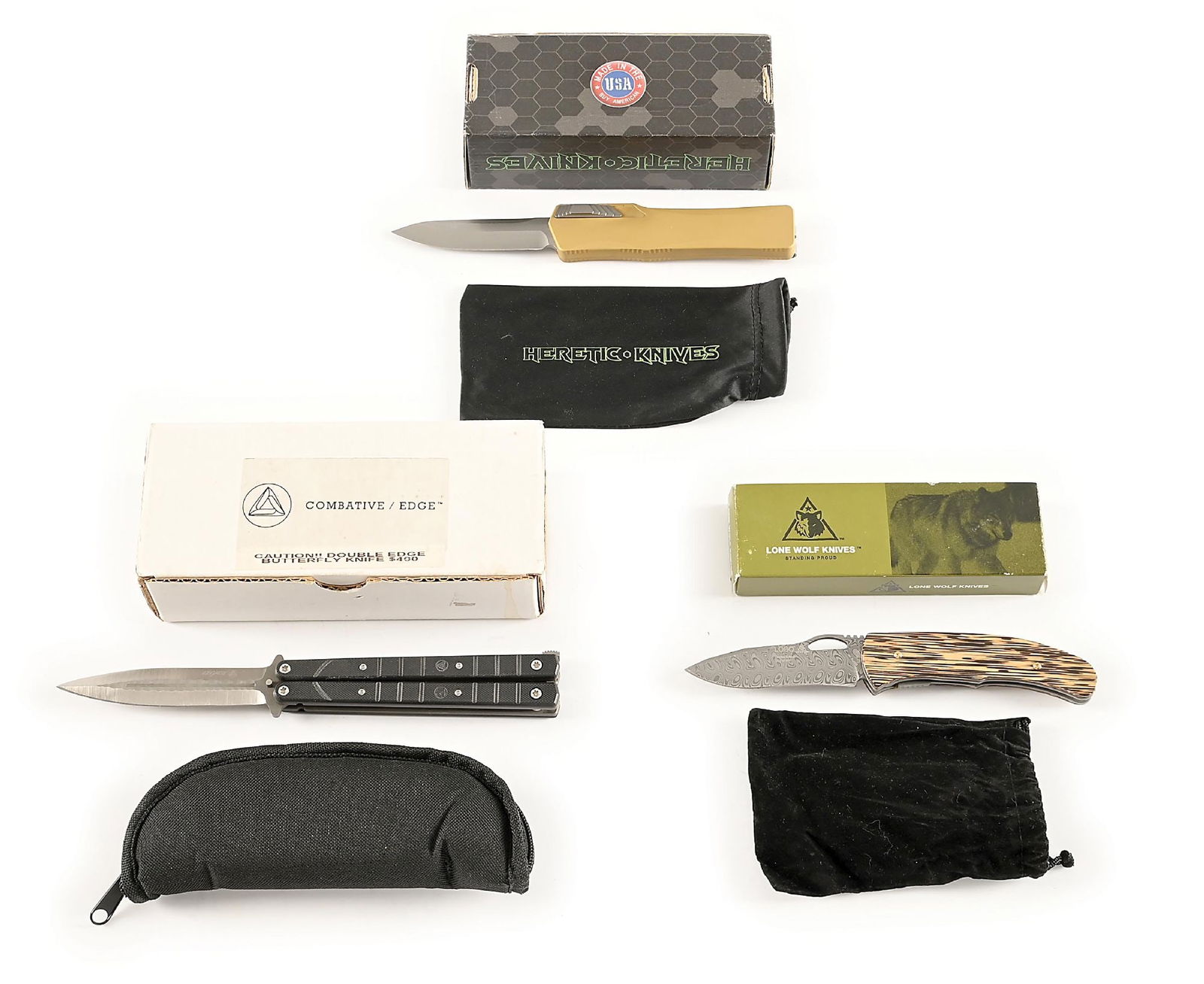 LOT OF 3: HERETIC OTF AUTOMATIC, COBATIVE EDGE BUTTERFLY KNIFE, AND LONE WOLF LOBO DAMASCUS DOUBLE (1 of 9)