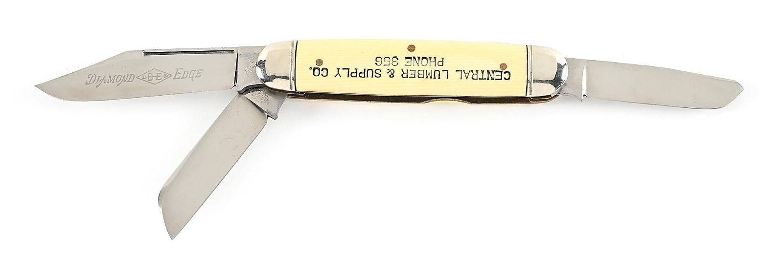 ETCHED SHAPLEIGH HARDWARE CO. DIAMOND EDGE THREE BLADE CATTLEMAN KNIFE. (1 of 6)