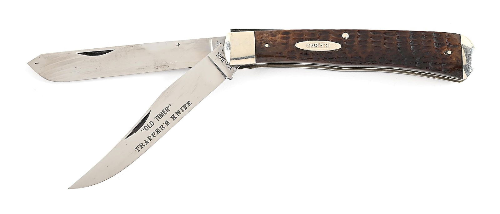 KA-BAR UNION CUTLERY CO. BONE STAG HANDLE ETCHED OLD TIMER TRAPPER’S KNIFE. (1 of 7)