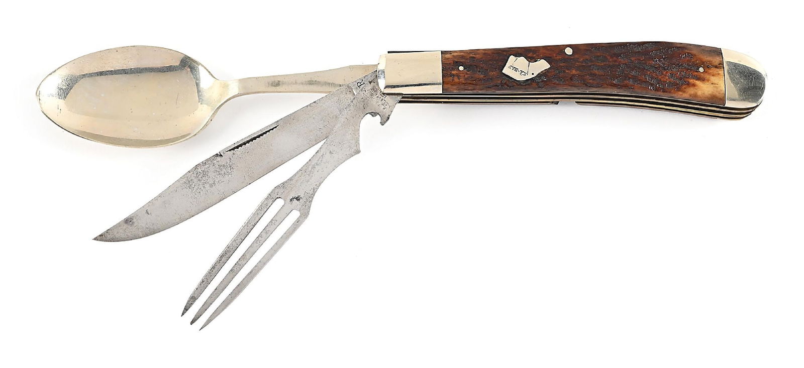 KA-BAR BONE STAG HANDLE LARGE THREE BLADE HOBO DOGSHEAD SLIDE-APART KNIFE. (1 of 6)