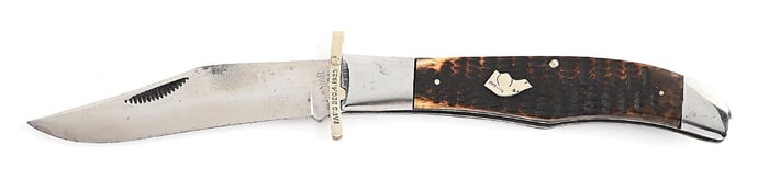 KA-BAR UNION CUTLERY CO. BONE STAG HANDLE DOGSHEAD FOLDING LOCK GUARD FOLDING HUNTER.