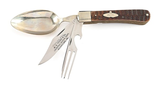 KA-BAR STAINLESS #6360 BONE STAG HANDLE SMALL THREE BLADE HOBO COMBINATION SLIDE-APART KNIFE WITH