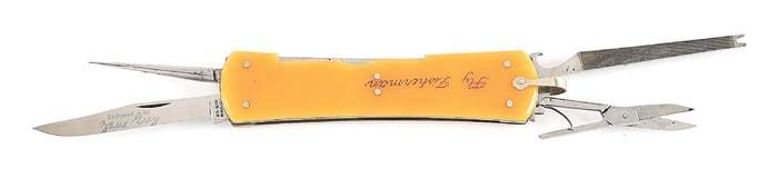 KA-BAR UNION CUTLERY CO. ZANE GREY ETCH MULTI-BLADE FLY FISHING KNIFE.