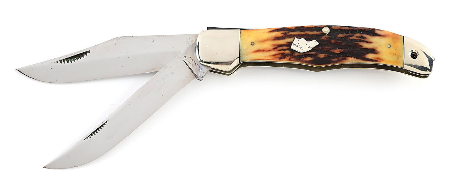 KA-BAR UNION CUTLERY CO. OLEAN, NY STAG HANDLE TWO BLADE DOGSHEAD FOLDING HUNTER. (1 of 6)