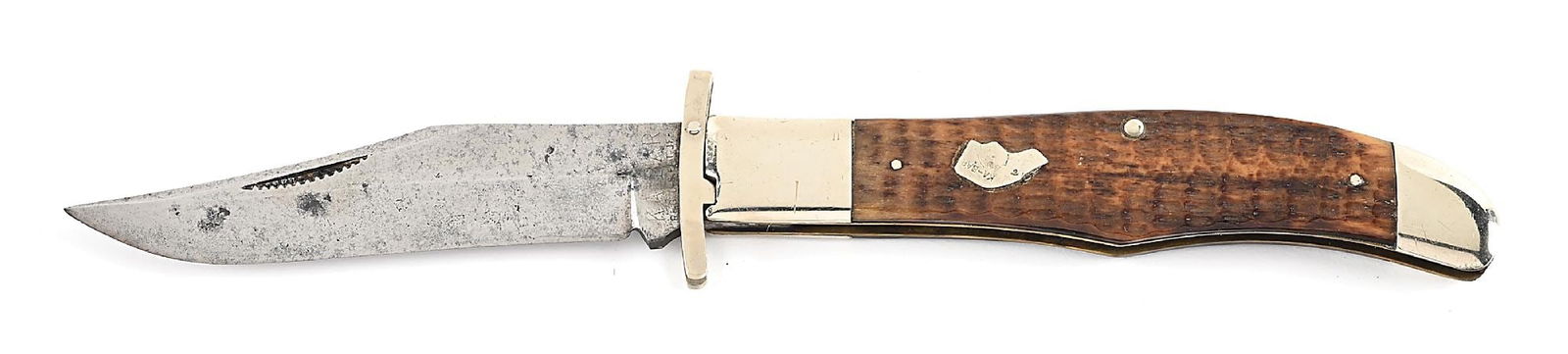 KA-BAR UNION CUTLERY CO. BONE STAG HANDLE DOGSHEAD FOLDING LOCK GUARD FOLDING HUNTER.: C. 1920s KA-BAR REG. U.S. PAT. OFF. Union Cutlery Co. Olean, NY folding locking guard folding hunter. Appears lightly used and sharpened. Blade is tang stamped “KA-BAR REG. U.S. PAT. OFF. On obv