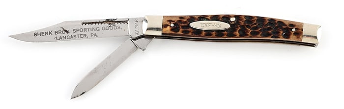 KA-BAR BONE HANDLE 2 BLADE JACK FULLY ETCHED SHENK BRO. SPORTING GOODS LANCASTER, PA.