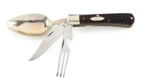 KA-BAR STAINLESS BONE STAG HANDLE SMALL THREE BLADE HOBO SLIDE-APART KNIFE.