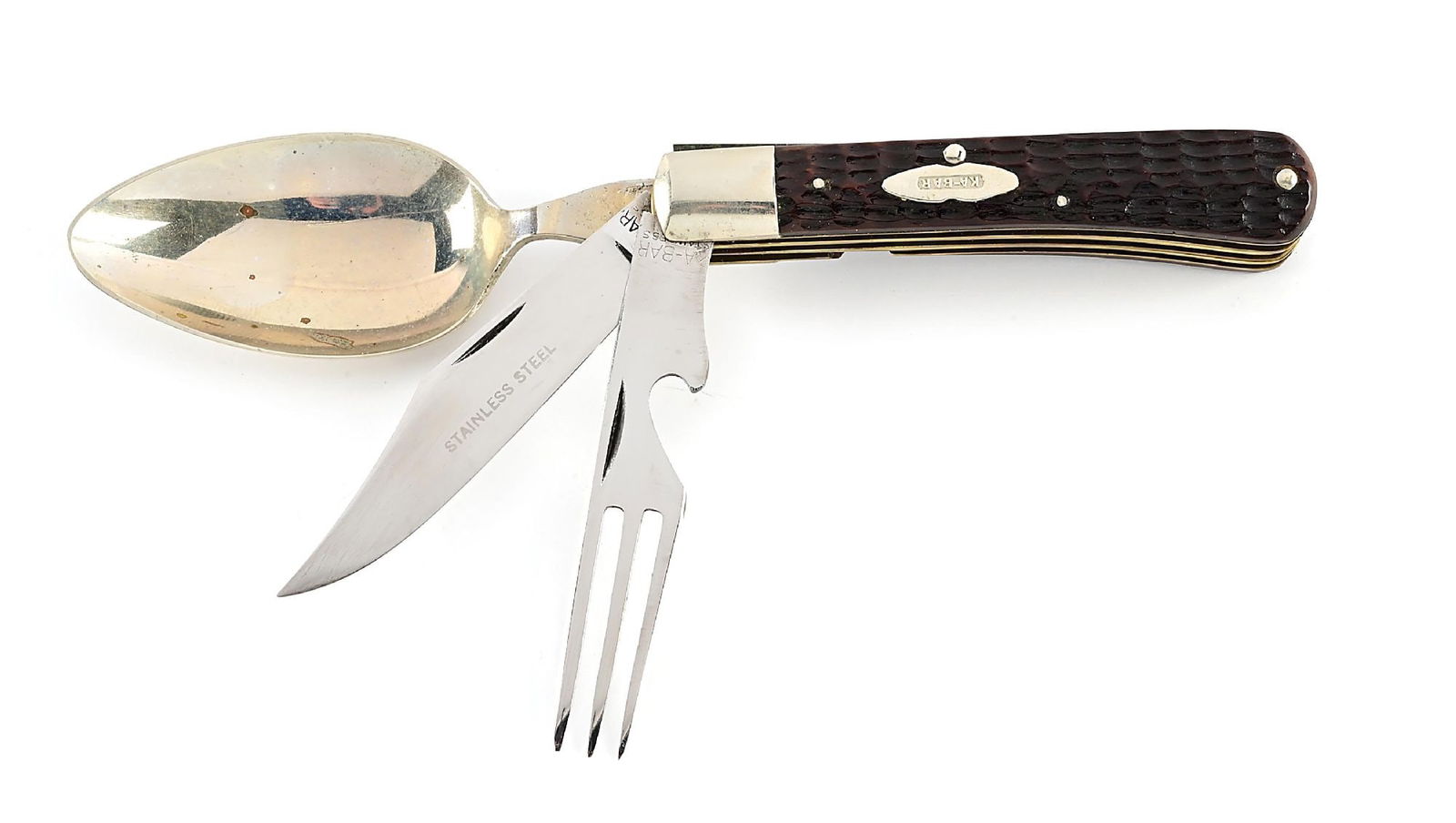 KA-BAR STAINLESS BONE STAG HANDLE SMALL THREE BLADE HOBO SLIDE-APART KNIFE. (1 of 9)