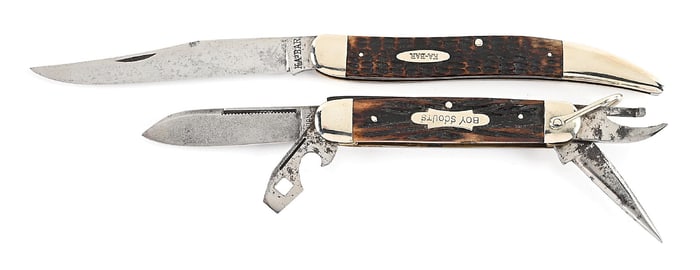 LOT OF 2: KA-BAR TOOTHPICK BONE HANDLE AND A UNION CUT CO. BOY SCOUT KNIFE WITH BONE STAG HANDLES.