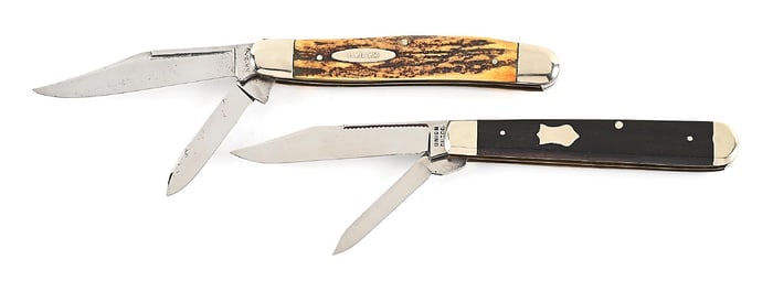 LOT OF 2: KA-BAR STAG HANDLE STOCKMAN AND A UNION CUT CO JACK KNIFE WITH EBONY HANDLES.