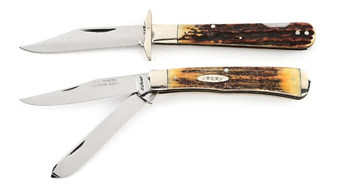 LOT OF 2: KA-BAR STAG HANDLE SWING GUARD LOCKS BACK AND KABAR STAG HANDLE OLD TIMER’S TRAPPERS