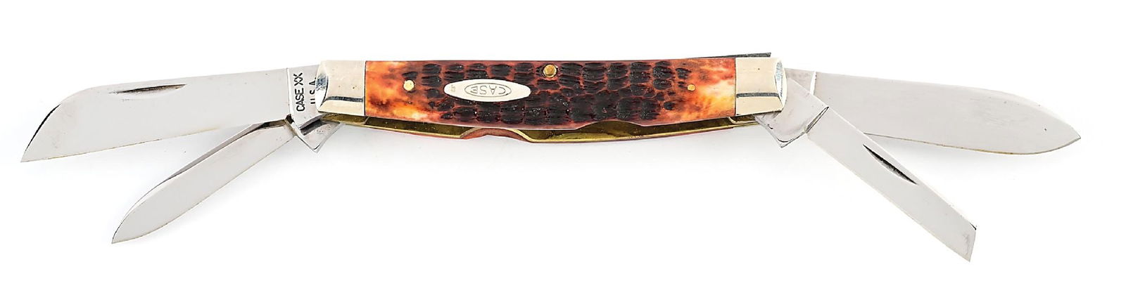 C. 1970 10 DOT TO 10 DOT 6488 FOUR BLADE CONGRESS WITH JIGGED BONE HANDLES.: Appears unused and unsharpened. The regular pull main blade is tang stamped “CASE XX USA wit 10 dots underneath” on the obverse, and “6488” on the reverse. Large Spear blade is