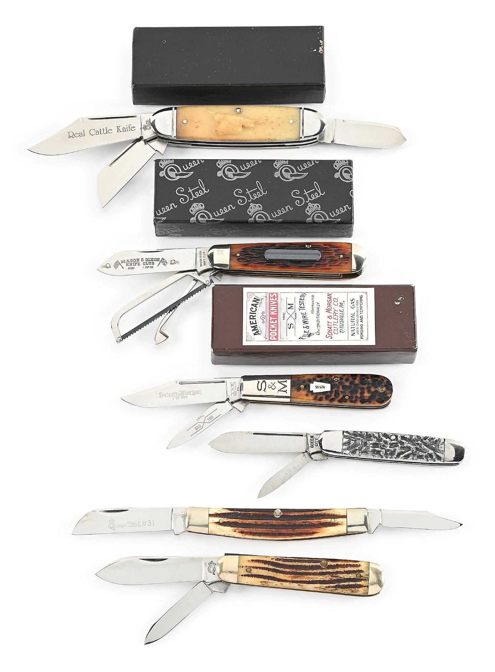 LOT OF 6: QUEEN, DAN BURKE, SCHATT & MORGAN, AND QUEEN CITY POCKET KNIVES. (1 of 14)