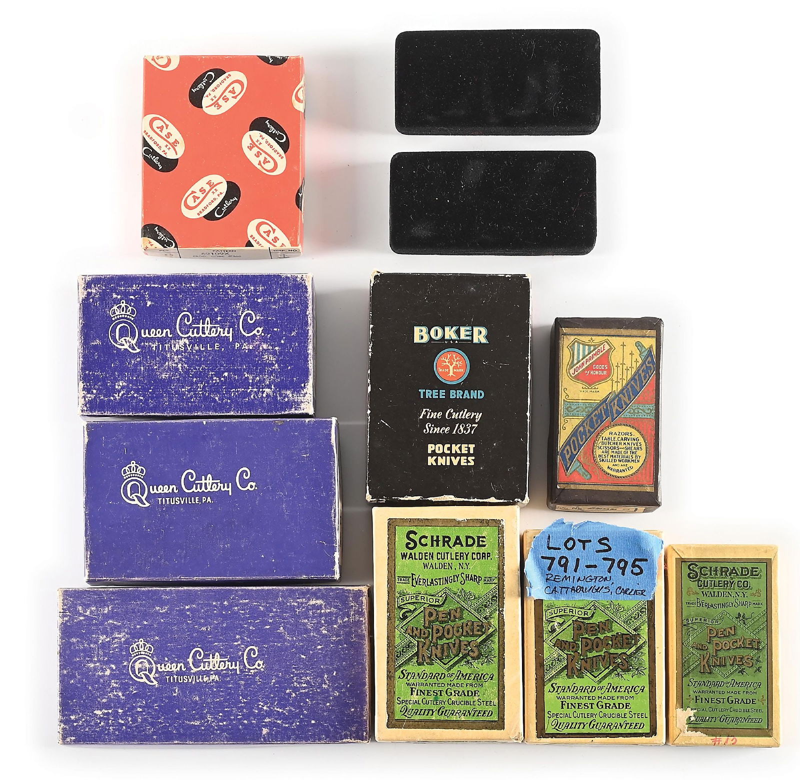 LOT OF MISCELLANEOUS POCKET KNIFE BOXES.: Lot consists of 11 miscellaneous pocket knife boxes including three Queen City Cutlery Co., three Schrade Cutlery Co., one Boker, three Case, and one John Primble. All boxes exhibit varying degrees of