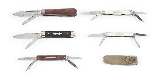 LOT OF 5: FAYETTEVILLE KNIFE CO., MILLER BROS., WITTE’S PRIDE ETCHED, GW&H HDWE POCKET KNIVES.