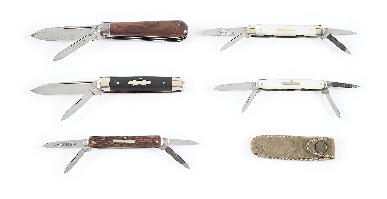 LOT OF 5: FAYETTEVILLE KNIFE CO., MILLER BROS., WITTE’S PRIDE ETCHED, GW&H HDWE POCKET KNIVES. (1 of 10)
