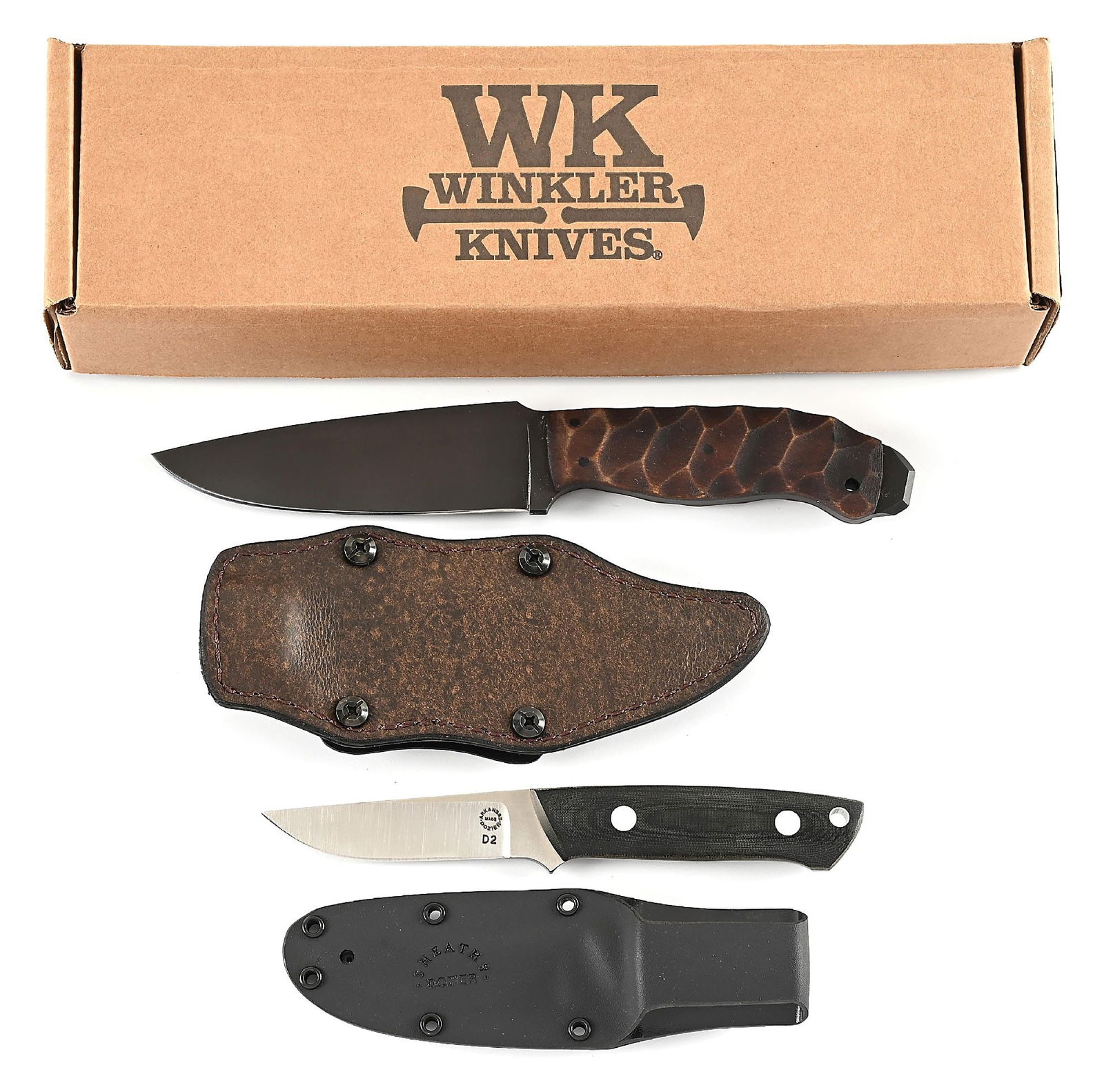 LOT OF 2: HENRY WINKLER DROP POINT CRUSHER MAPLE SCULPTED HANDLE IN ORIGINAL BOX AND BOB DOZIER: Lot consists of: (A) Appears unused and unsharpened. Original box, decals, papers etc. Blade spine is stamped “WINKLER KNIVES”. Original leather sheath with multi-positioning clip. Overall