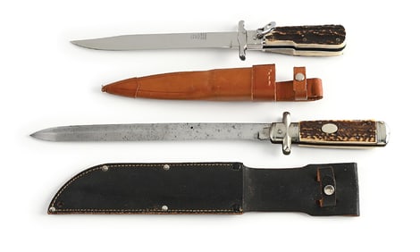 LOT OF 2: EARLY GERMAN MADE WILD BOAR FOLDING BLADE HUNTING KNIVES STAG HANDLES.