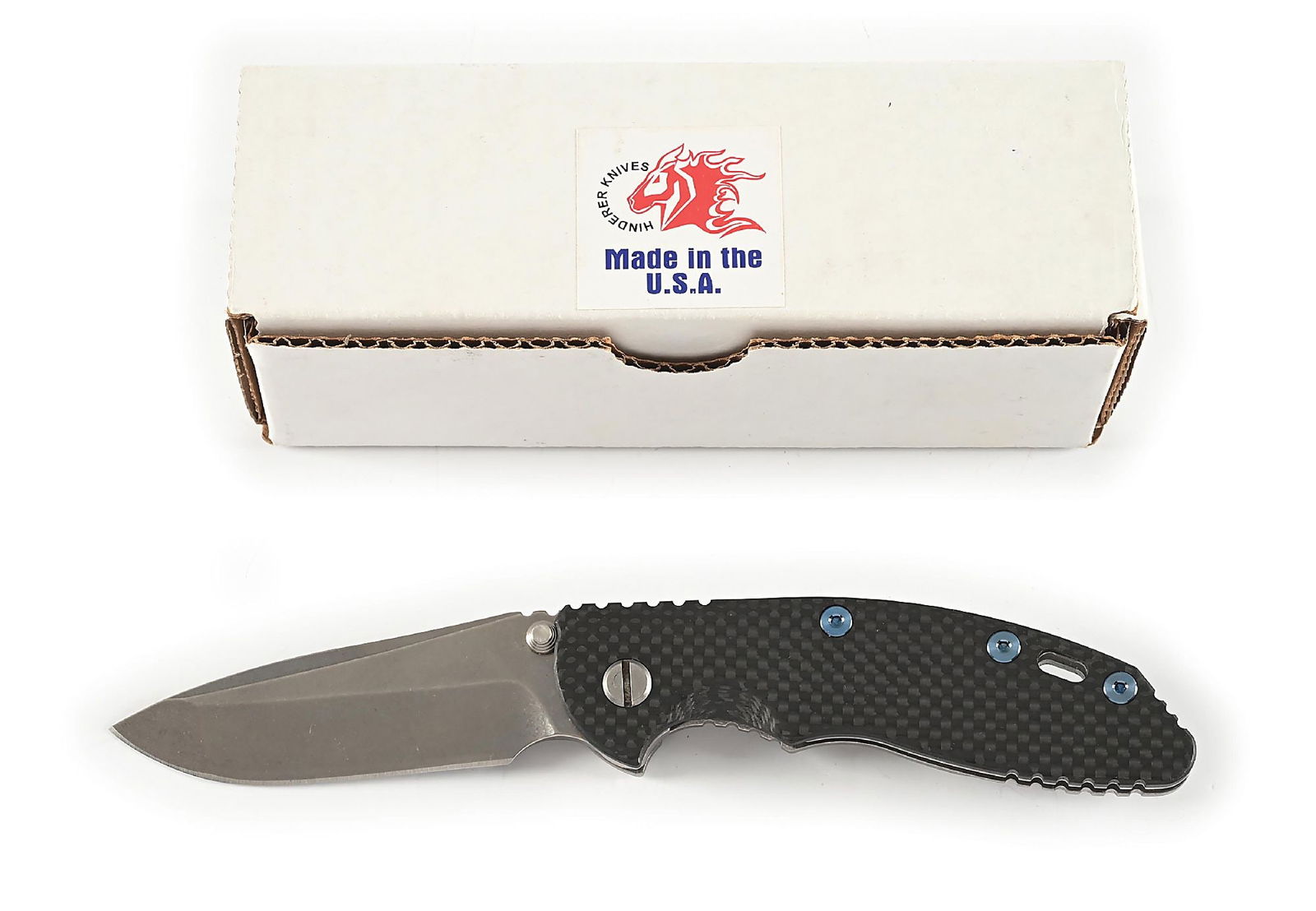 HINDERER KNIVES CUSTOM EKLIPSE FRAME LOCK FOLDER.: Rick Hinderer custom Eklipse that features an unmarked stonewash finish blade. Notched thumb rest. Tumbled titanium frame marked "HINDERER" above pivot screw on lock side. Carbon fiber face scale