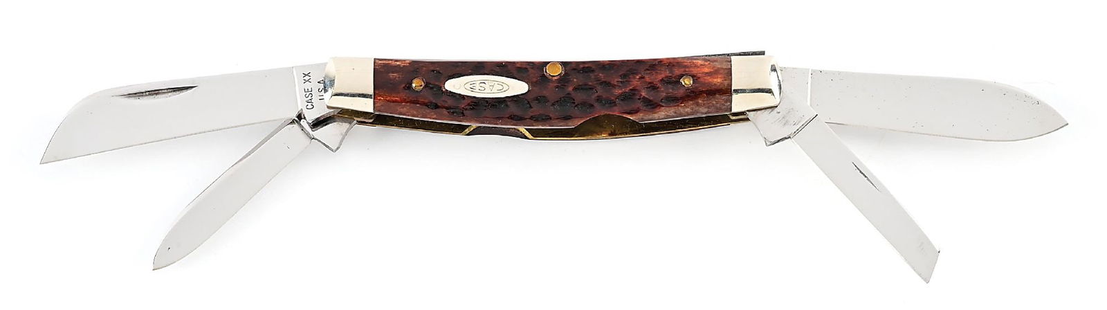 C. 1973-74 6 DOT TO 7 DOT 6488 4 BLADE CONGRESS WITH JIGGED BONE HANDLES.: Appears unused and unsharpened. The regular pull main blade is tang stamped “CASE XX USA” with six dots underneath on the obverse, and “6488” on the reverse. Large spear blade