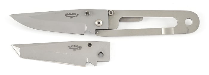CUSTOM MADE ED HALLIGAN SHARPSBURG, GA. KISS FRAME LOCK FOLDER WITH ADDITIONAL BLADE.