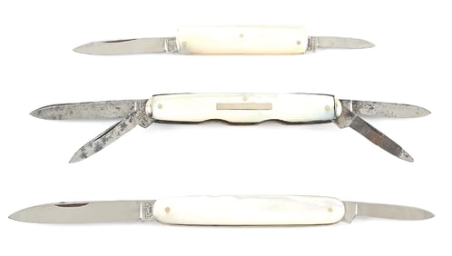 LOT OF 3: MOTHER OF PEARL POCKET KNIVES INCLUDING BRUCKMANN AND IXL.
