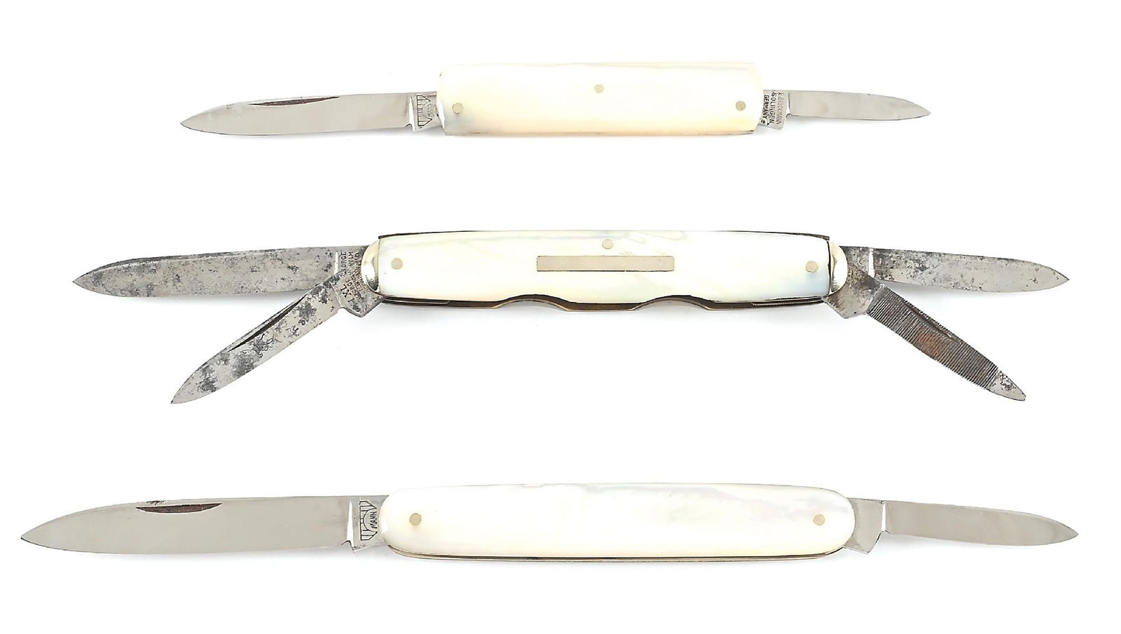 LOT OF 3: MOTHER OF PEARL POCKET KNIVES INCLUDING BRUCKMANN AND IXL. (1 of 15)